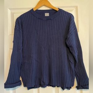 Zara knitwear, navy blue large ribbed round neck long sleeve sweater
